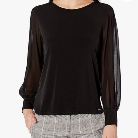Calvin Klein M9HH7844 Crew Neck Chiffon Sleeve Blouse Sz S - Picture 1 of 16